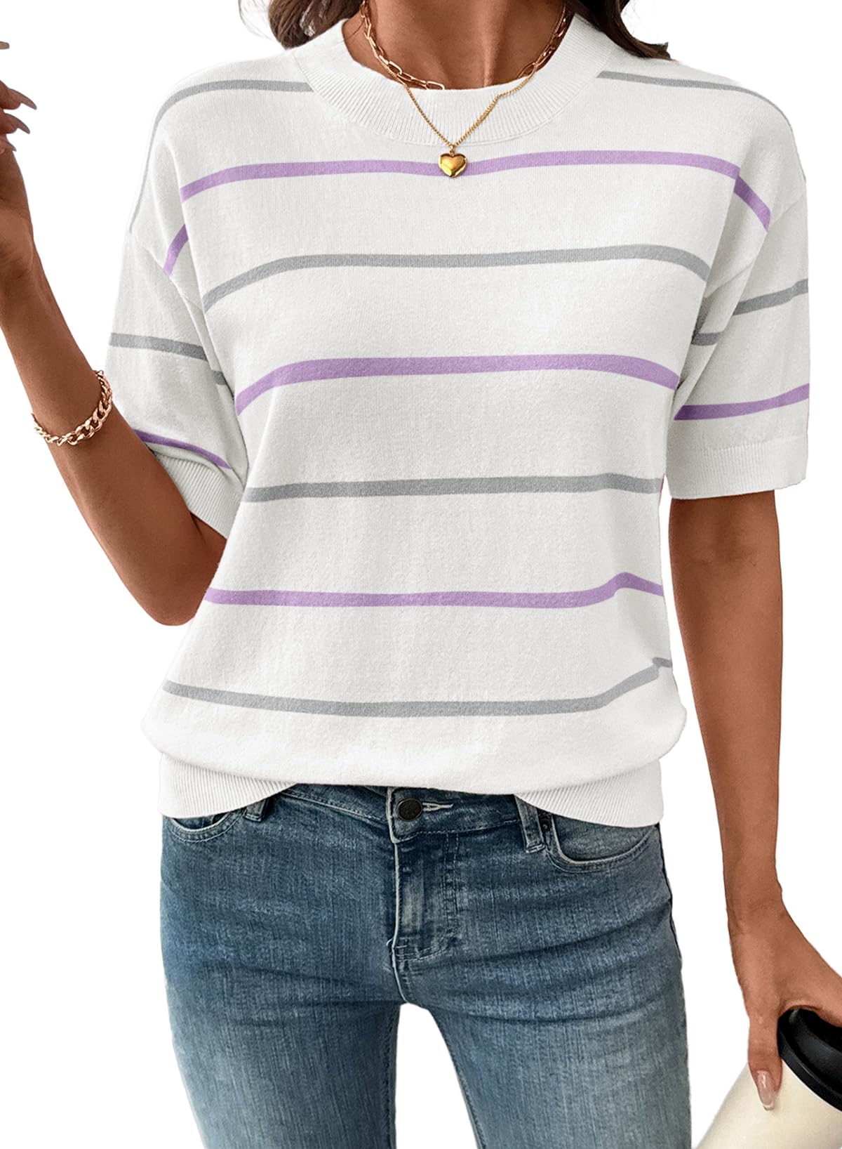 Womens Tops Crewneck Short Sleeve Sweater Pullover Knit Striped Shirt Spring Outfits for Women 2026