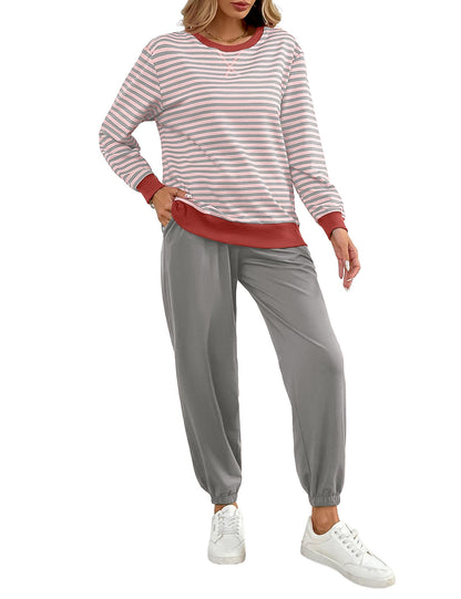 ✨Women's Cozy Striped Color Block Long Sleeve Tops Jogger Sweatpants 2 Piece Outfits