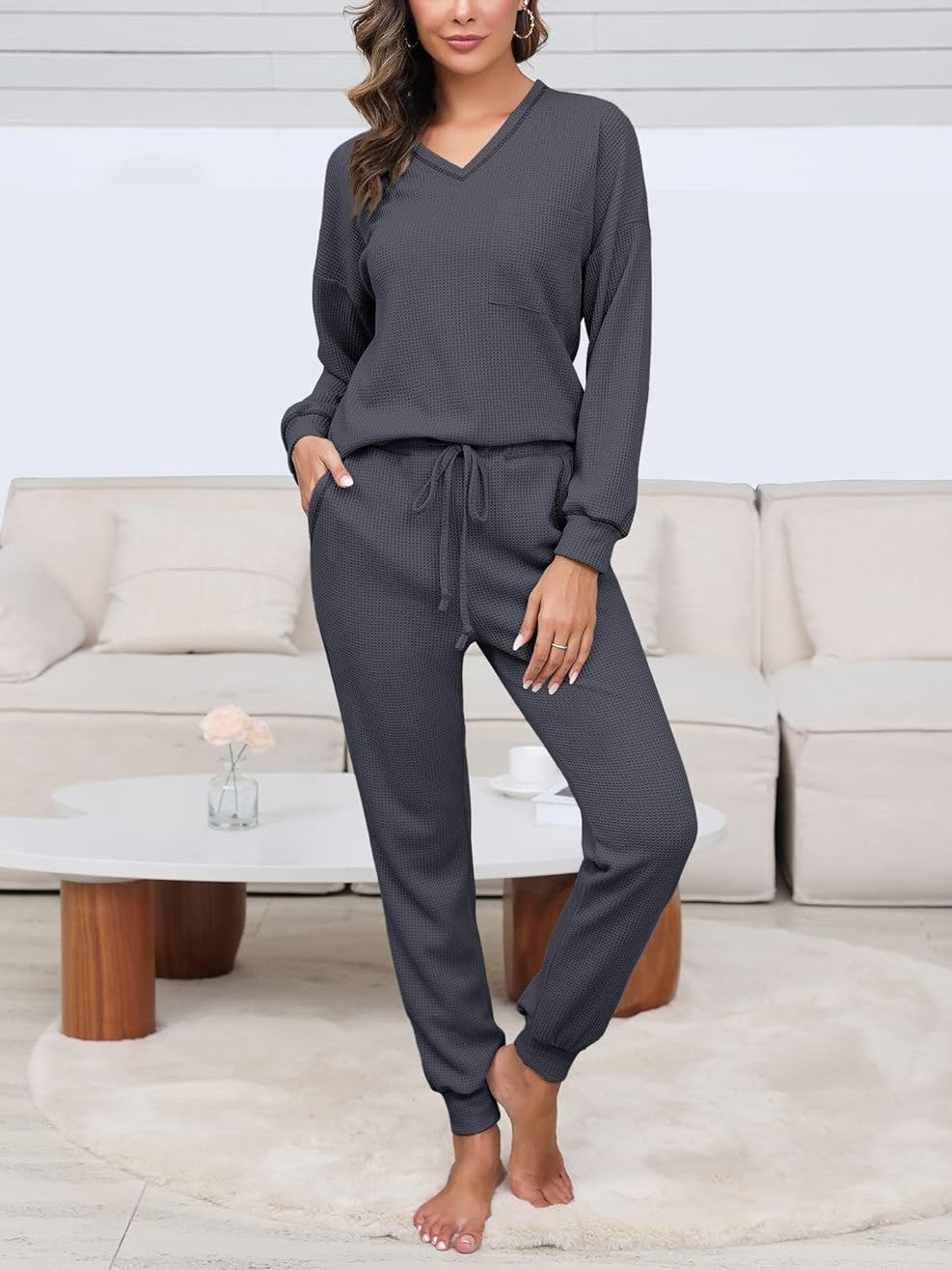 ✨V Neck Waffle Knit Sleepwear Top and Pant Lounge Sets