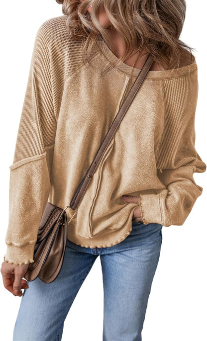 ✨Womens Crewneck Long Sleeve Waffle Knit Sweatshirt