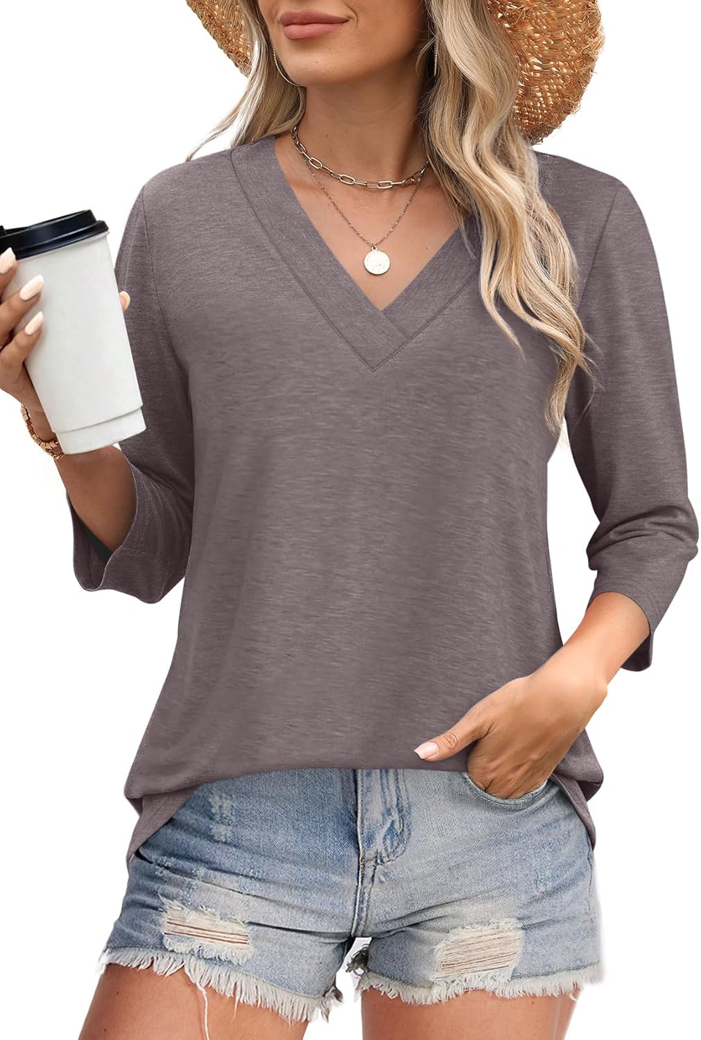 ✨Women's Trendy V Neck 3/4 Long Sleeve Tops Loose Fit Blouse