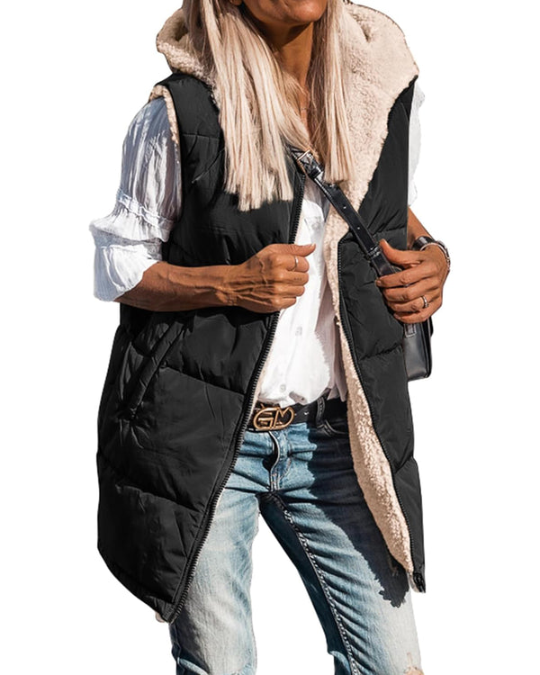 ⏰Hot Sale-Women's Sleeveless Hooded Reversible Fleece Jacket Zip Up Coat Outerwear Vests