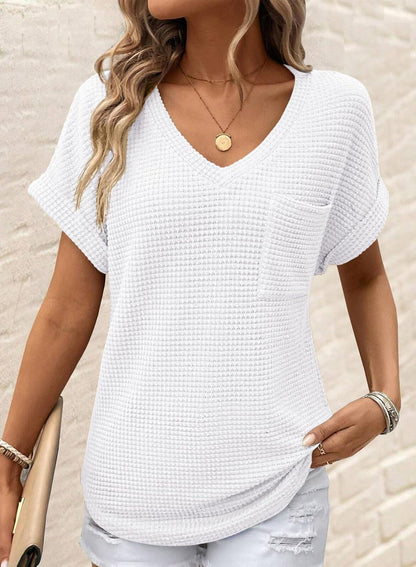 ✨Women's Oversized Waffle V Neck Short Sleeve Casual Top
