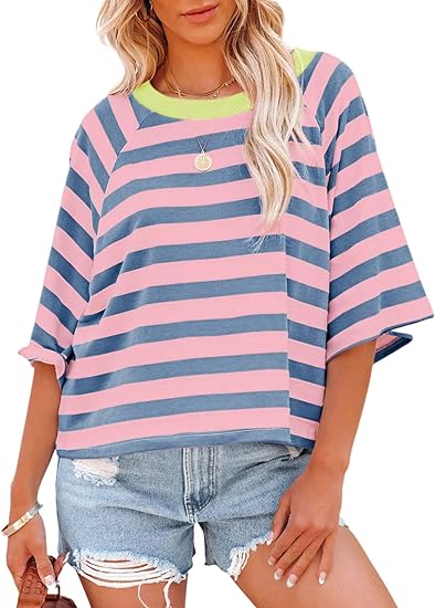 ✨Women's Cute Round Neck Striped Short Sleeve Casual Topb