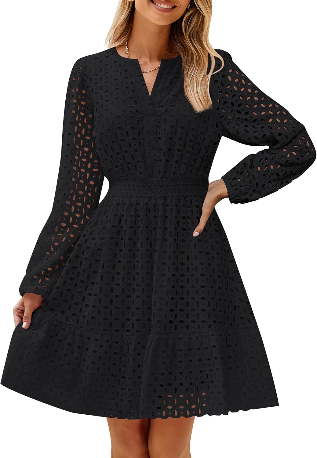 ✨Women's Long Sleeve Mini Dress V Neck Hollow Out Eyelet Embroidery Ruffle Dresses