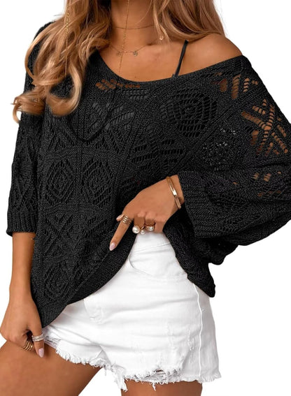 ✨Women's Spring Summer Crochet Hollow Out Pullover Off Shoulder Top