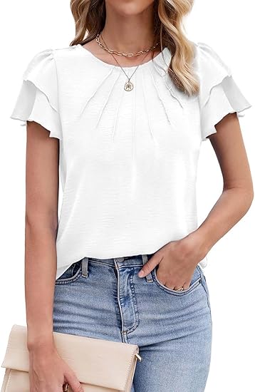 ✨Women’s Casual Blouses Ruffle Short Sleeve T Shirts Pleated Crew Neck Tops