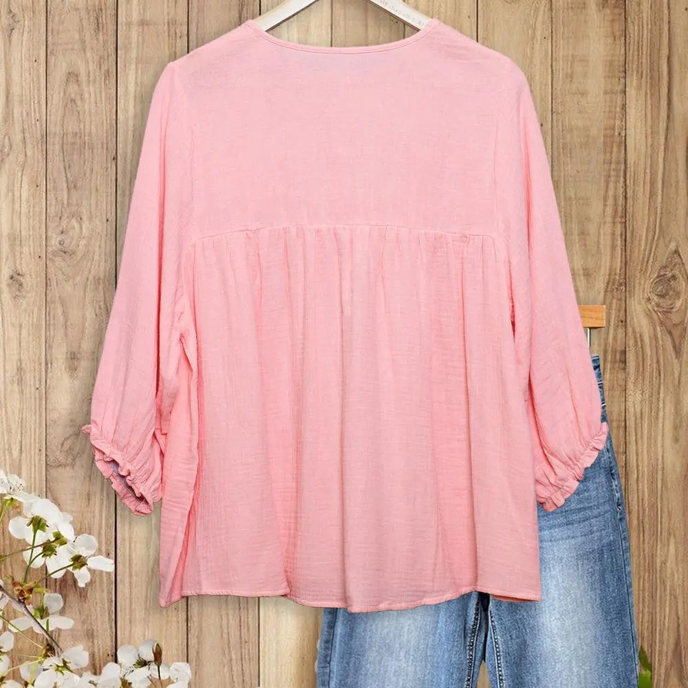 Women's 3/4 Puff Sleeve Blouse with Ruffled Cuffs & Pleated Details