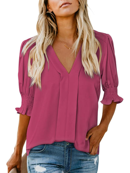✨Women's V Neck Dressy Puff Ruffle Blouse Casua Short Sleeve Tops