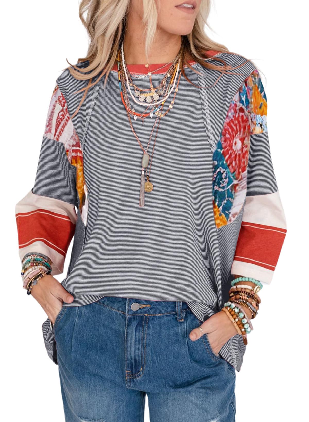 ✨Women's 3/4 Length Sleeve Oversized Striped Patchwork Shirts