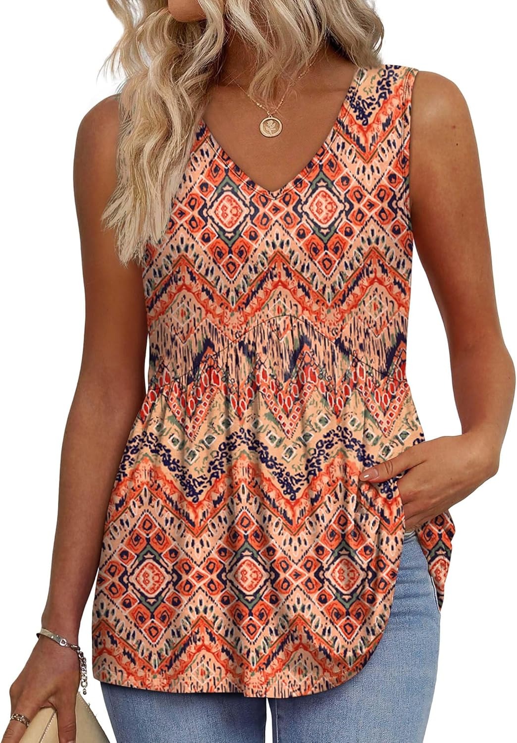 📣Women's Print Flowy Sleeveless V Neck Peplum Tank Tops