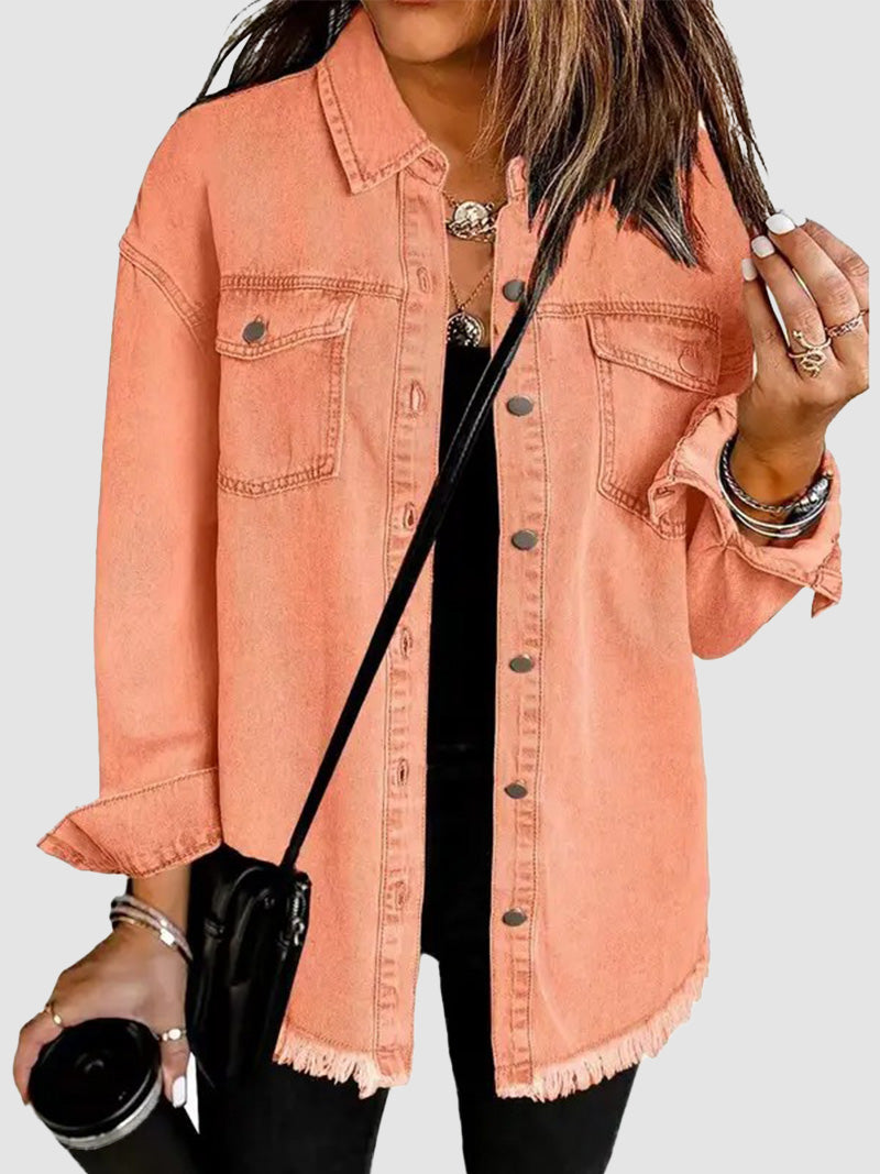 Hot Sale-Women Oversized Washed Denim Shacket with Frayed Hem
