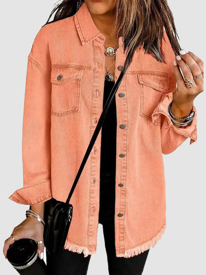 Hot Sale-Women Oversized Washed Denim Shacket with Frayed Hem