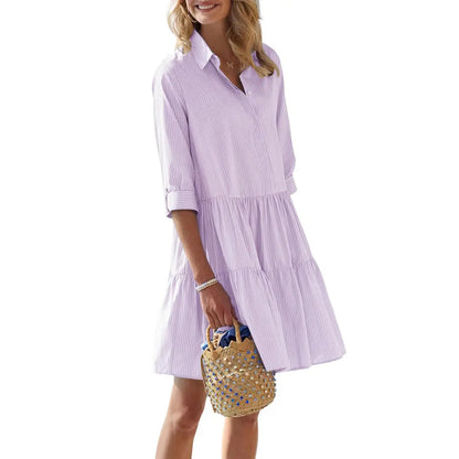 Women's Summer Striped Shirt Dress Half-Button Mini Cake Dress