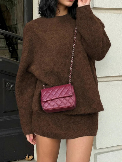 Women Knitted Sweater Set Crew Neck Long Sleeve Pullover With Midi Skirt