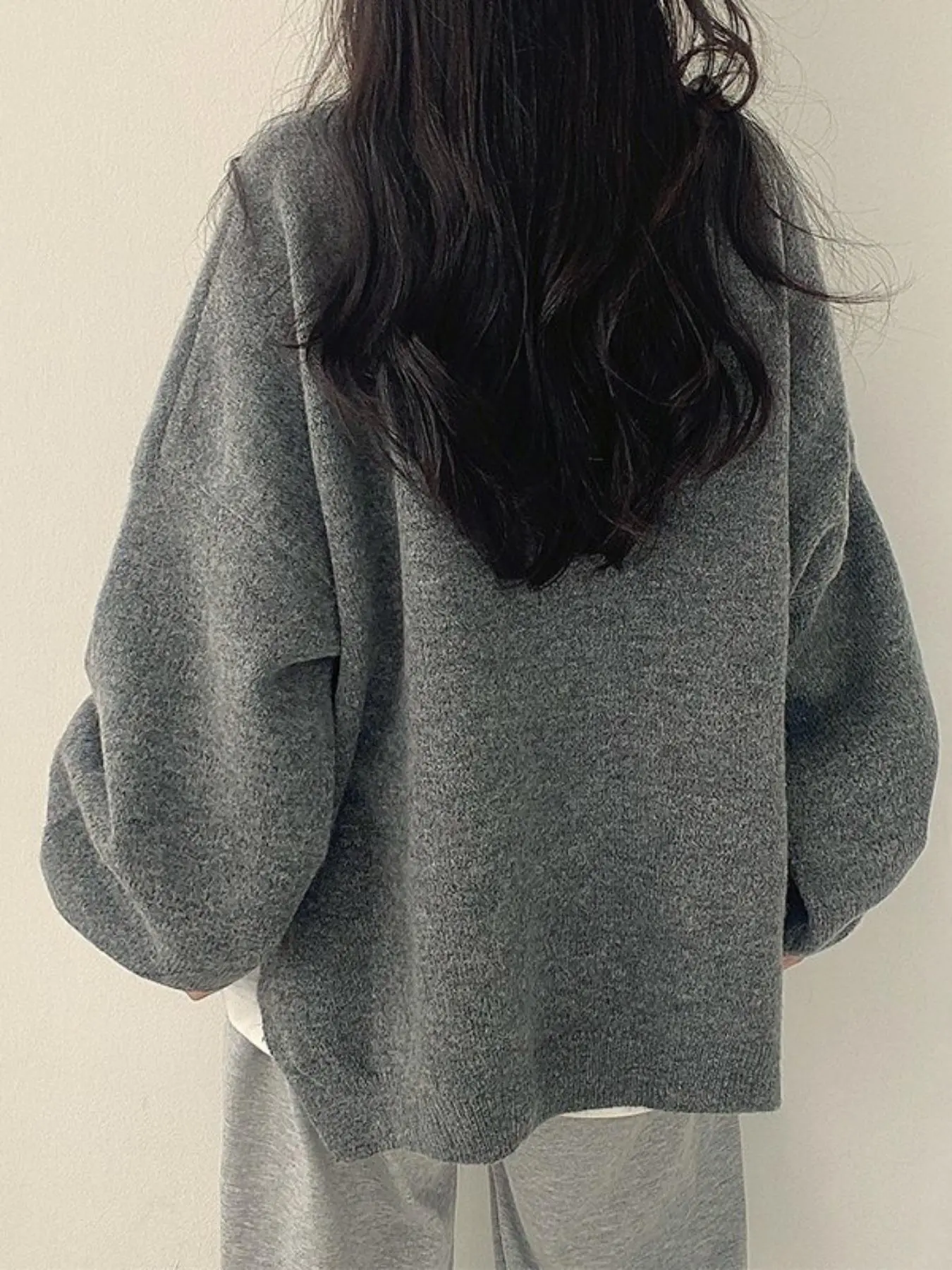 Oversized Round‑Neck Knit Sweater & Loose Split‑Hem Drop‑Shoulder Top