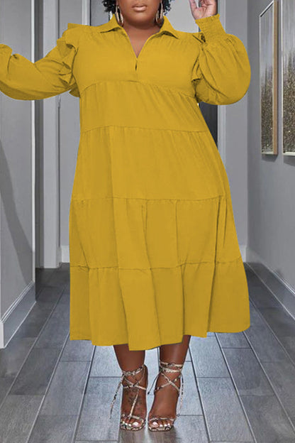 2025 Flounced Sleeve Plus Size Turndown Collar Dress