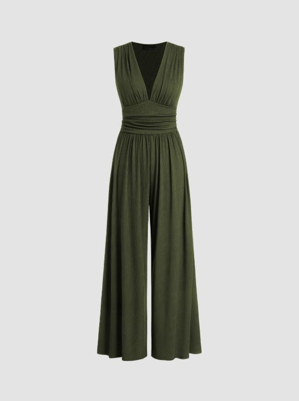 V-neck Ruched Solid Wide Leg Jumpsuit