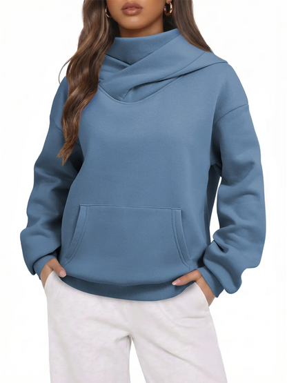 Women Cross Wrap Turtleneck Hoodie With Pocket