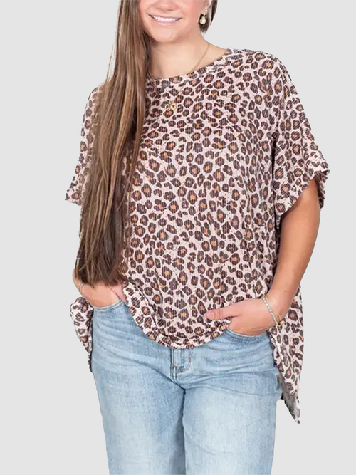 Women Oversized Leopard Print Short Sleeve Casual Top