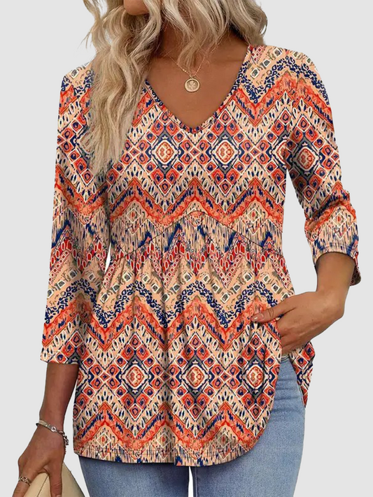 Women's V-Neck 3/4 Sleeve Ruffled hem Top