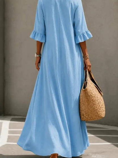 Women Boho Casual A‑Line Maxi Dress, V‑Neck Wooden Buttons Ruffled Long Sleeve Loose Solid Color Dress