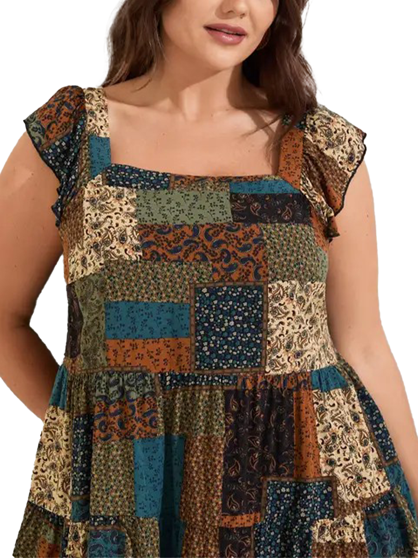 Women Plus Size Square Neck Sleeveless Floral Plaid Patchwork Boho Tunic Tank Top