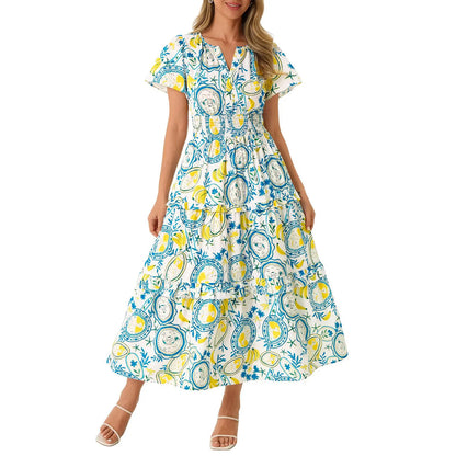 Women‘s Summer Short Sleeve Maxi Dresses Casual Floral