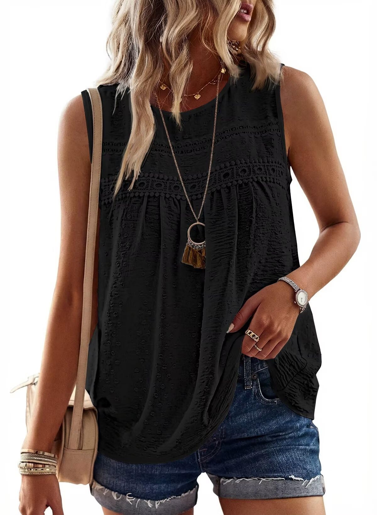 Womens Crewneck Sleeveless Flowy Lace Hem Tank Tops