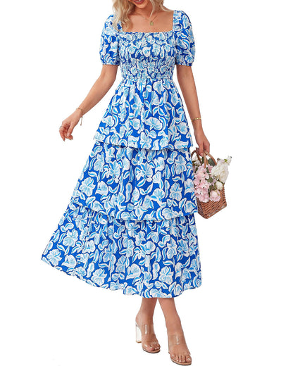 Limited time sale🔥Women's Floral Square Neck Puff Short Sleeve Smocked Tiered Dress