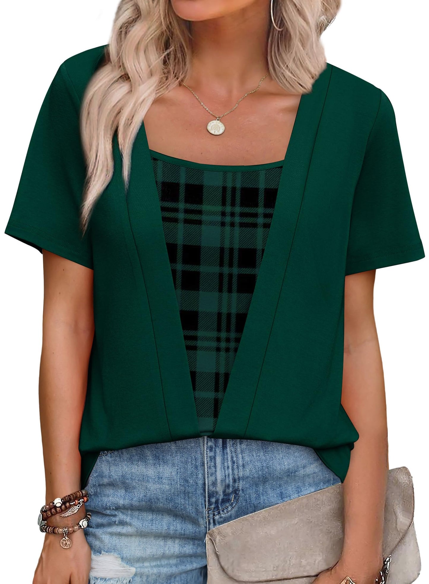 Womens Trendy 2 in 1 Blouses Short Sleeve Shirts Casual Beach Vacation Clothes