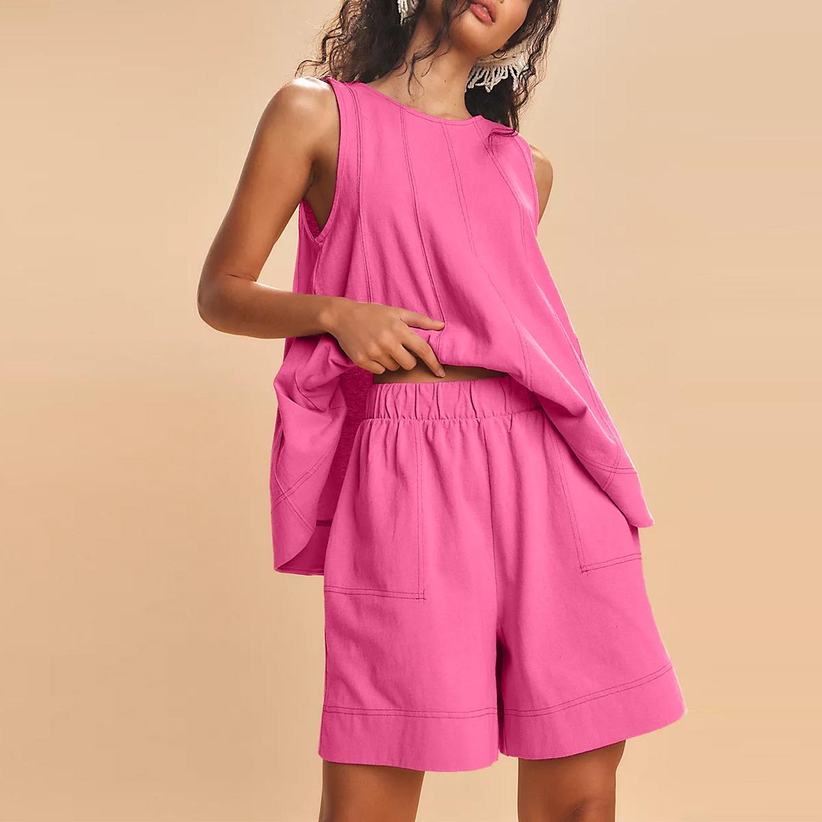 Women's Contrast Stitch 2-Piece Outfit, Sleeveless Tank Top & High Waist Shorts Set