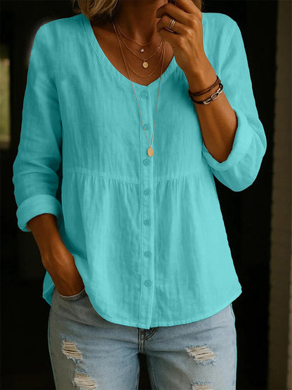 Women's Solid Round Neck 3/4 Sleeve Linen Cotton Shirt