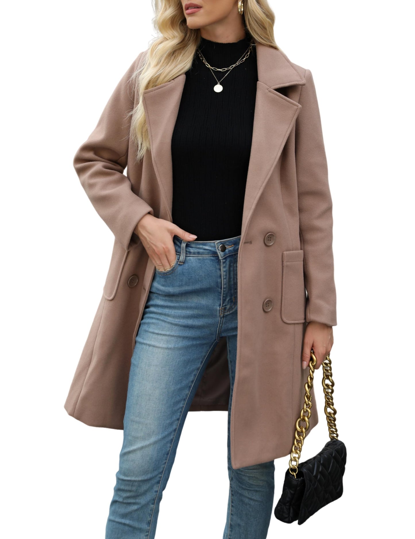 Women Open Front Wool Coat Lapel Double Button Mid‑Length Overcoat With Pockets