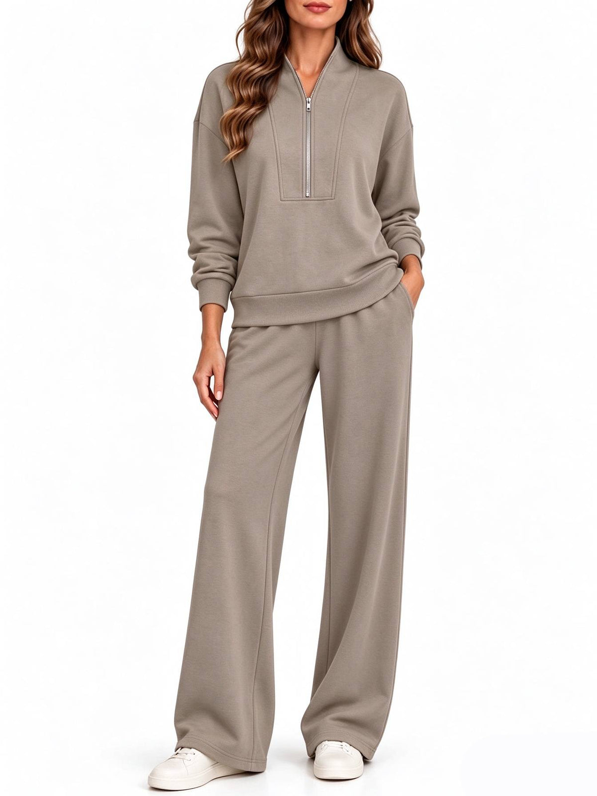 Women's Half Zip Long Sleeve Pullover & Wide Leg Pants 2-Piece Matching Set