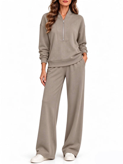 Women's Half Zip Long Sleeve Pullover & Wide Leg Pants 2-Piece Matching Set