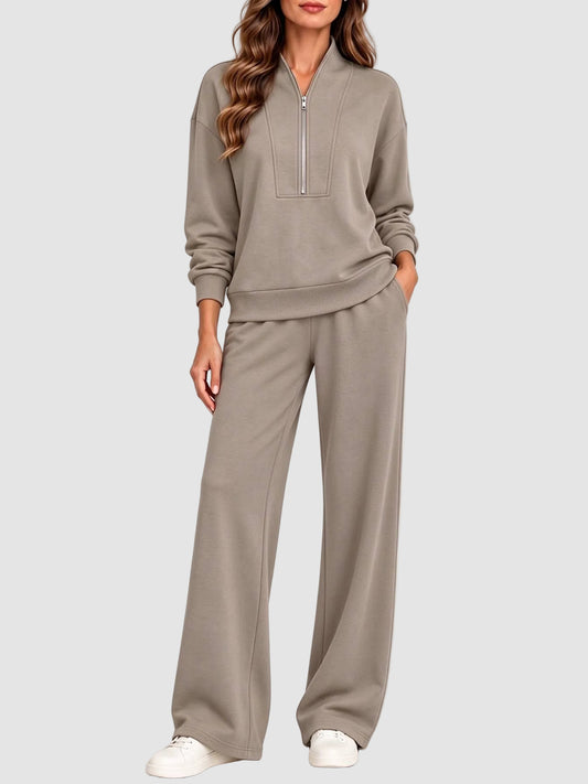 Hot Sale-Women Half Zip Wide Leg Pants 2-Piece Outfit