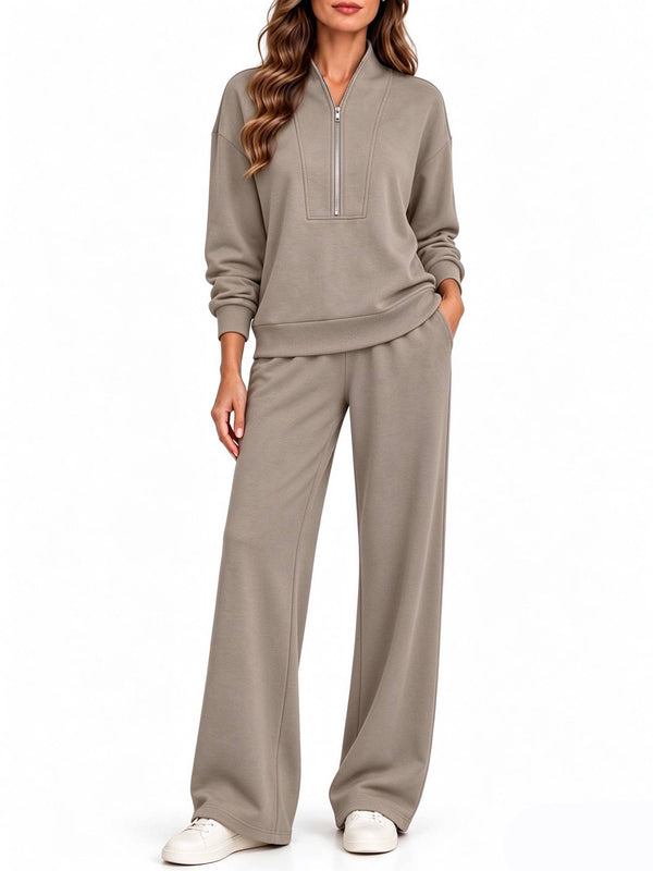 Women's Half Zip Long Sleeve Pullover & Wide Leg Pants 2-Piece Matching Set