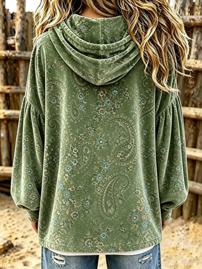 Vintage Paisley Print Velvet Hoodie Top
