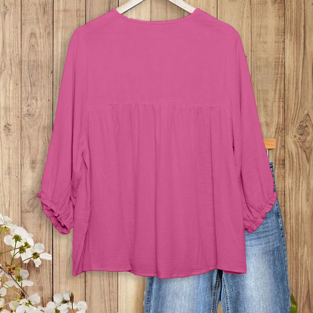 Women's 3/4 Puff Sleeve Blouse with Ruffled Cuffs & Pleated Details