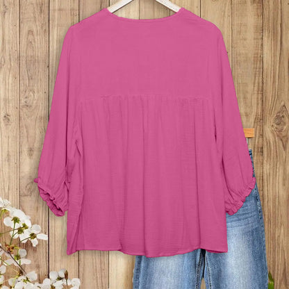 Women's 3/4 Puff Sleeve Blouse with Ruffled Cuffs & Pleated Details