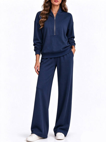 Women's Half Zip Long Sleeve Pullover & Wide Leg Pants 2-Piece Matching Set