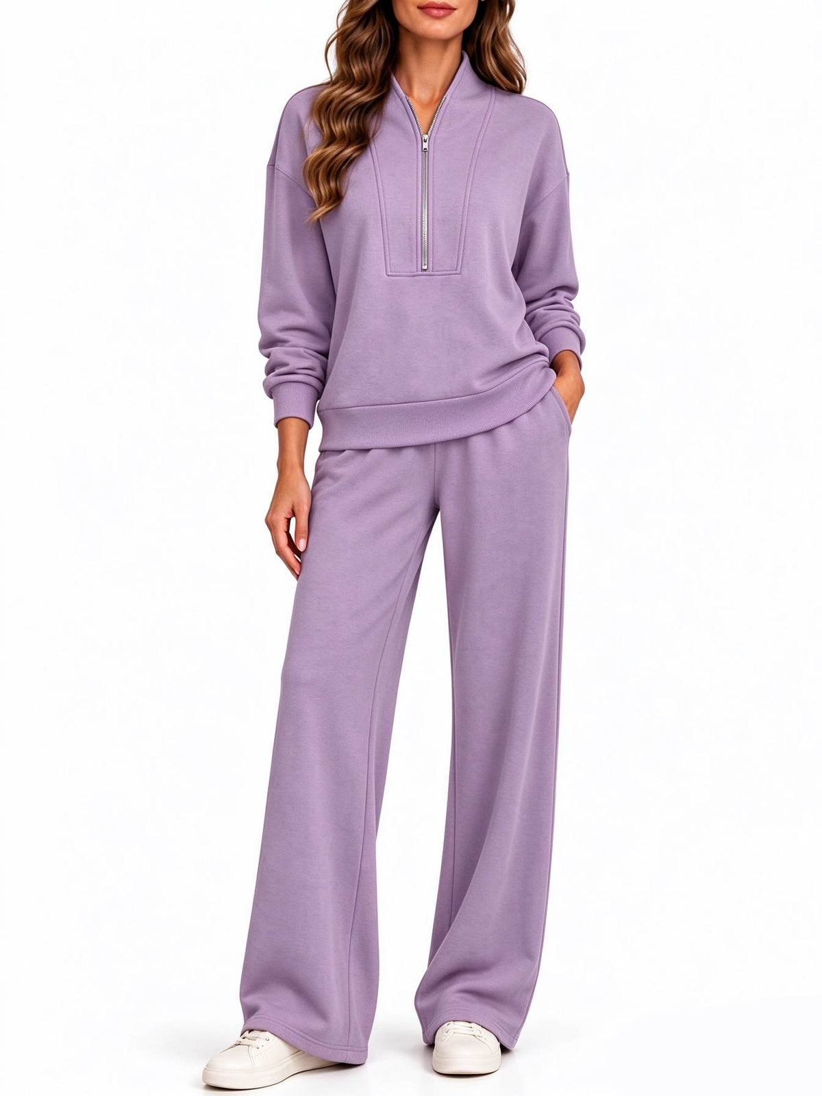 Women's Half Zip Long Sleeve Pullover & Wide Leg Pants 2-Piece Matching Set