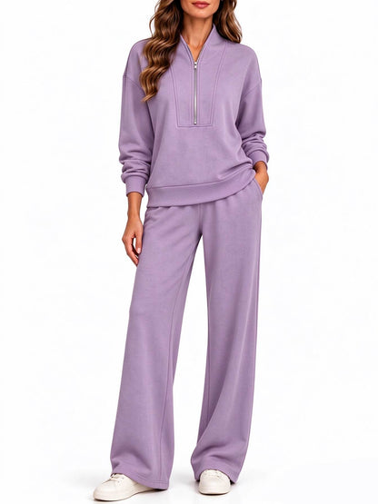 Women's Half Zip Long Sleeve Pullover & Wide Leg Pants 2-Piece Matching Set