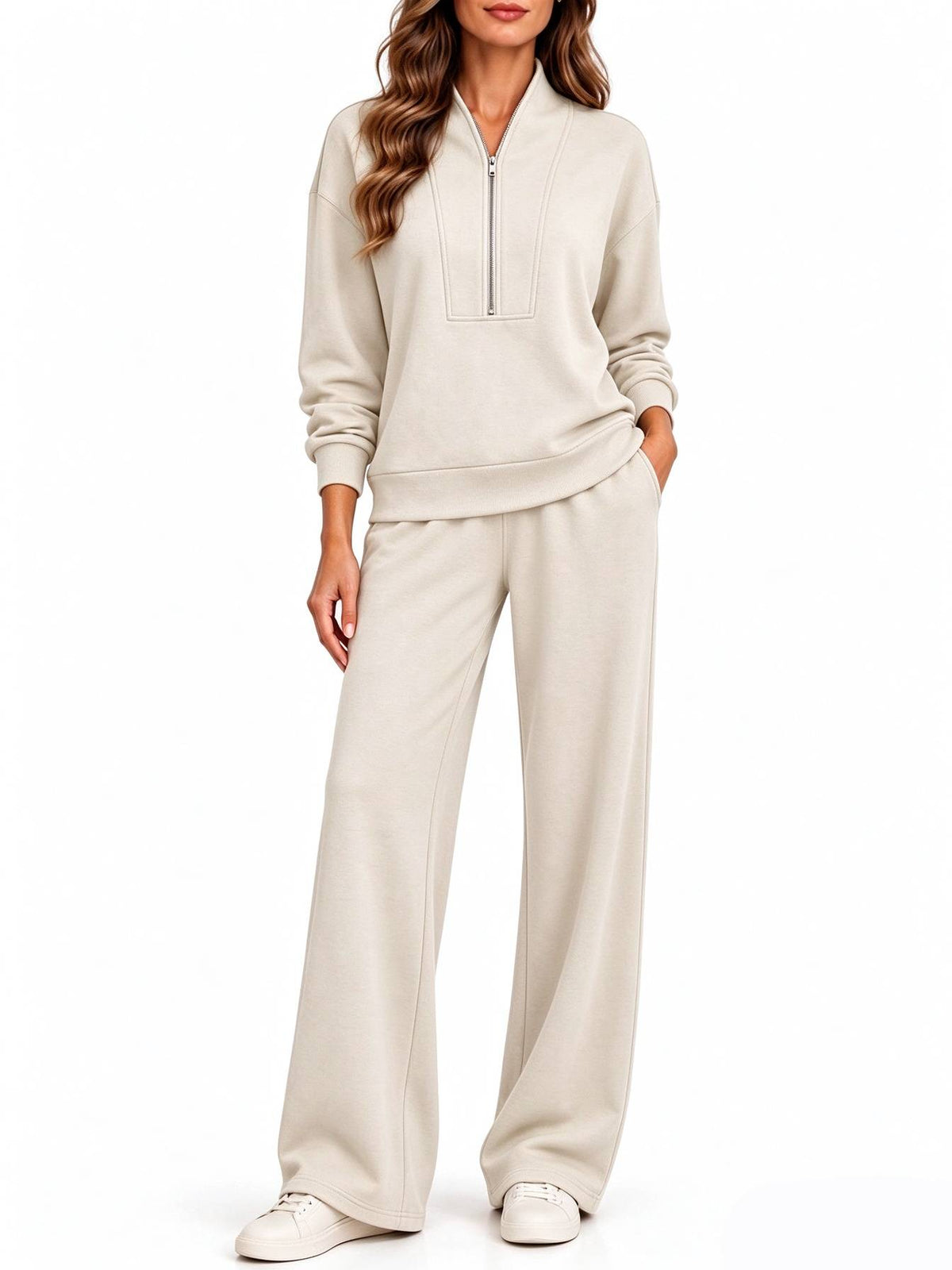 Women's Half Zip Long Sleeve Pullover & Wide Leg Pants 2-Piece Matching Set