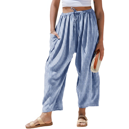 Gingham Drawstring Barrel Wide Leg Pants