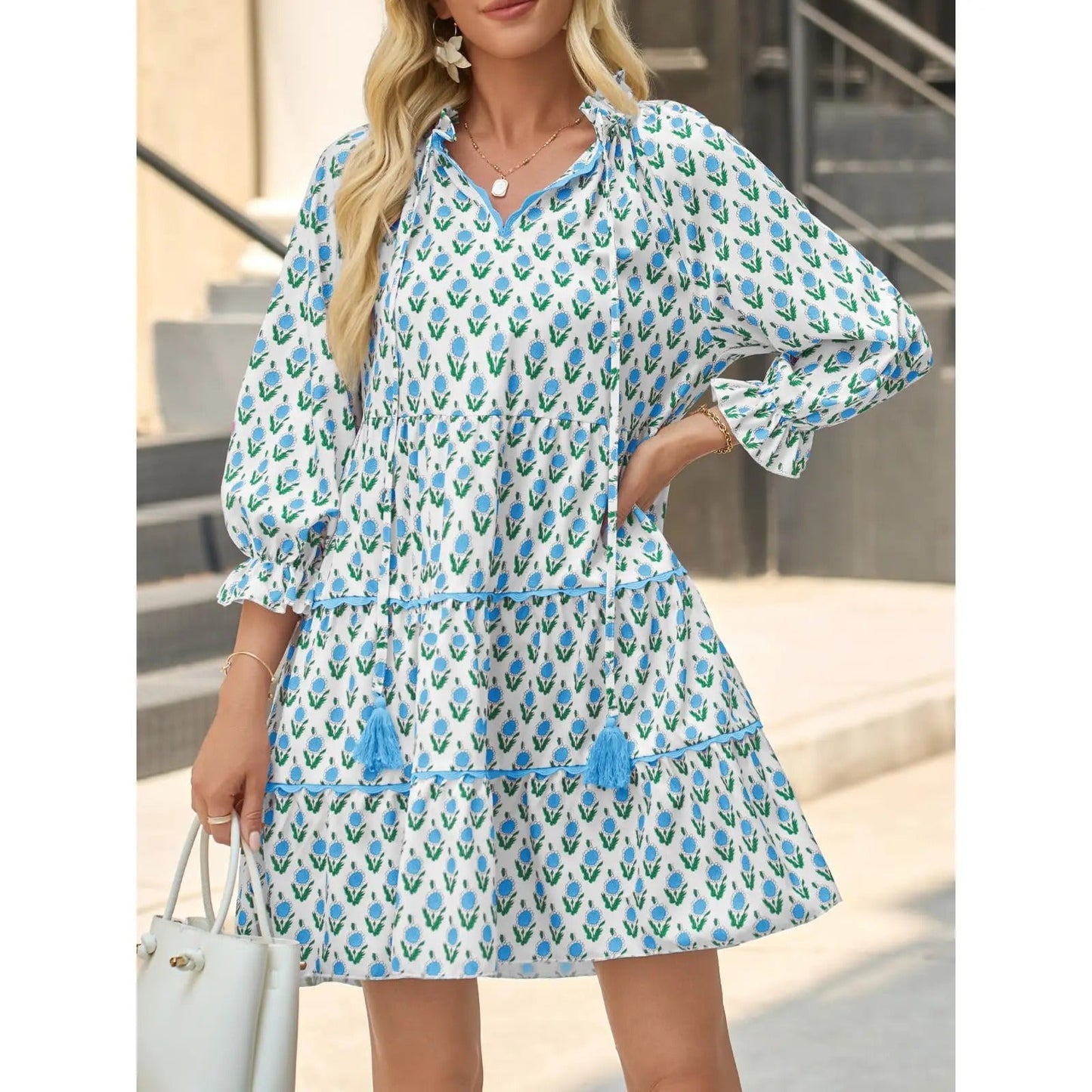 Women's Casual Floral Ruffle V-Neck Mini Dress with Pockets