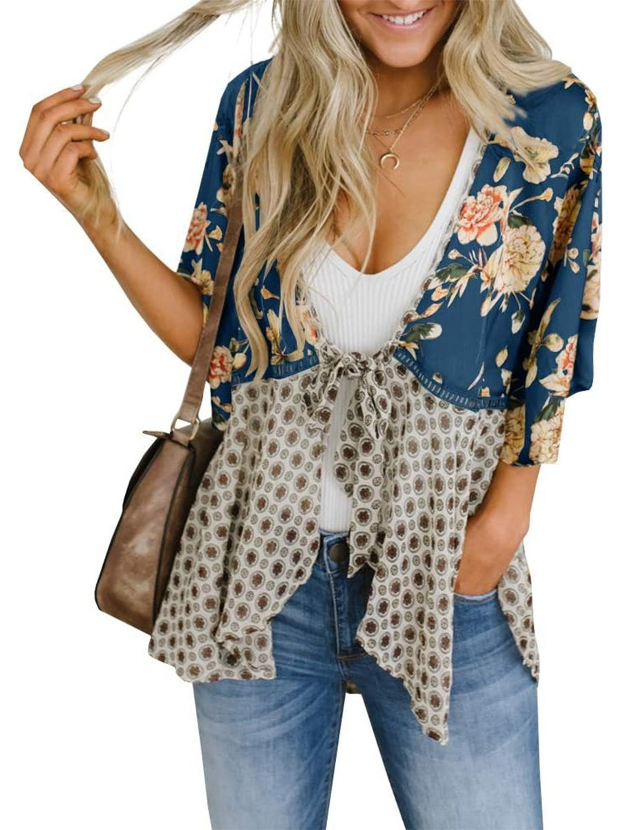 ⏰Hot Sale-Women's Floral Kimono Ruffle Sleeve Tie Cardigans Flowy Boho Loose Cover Ups