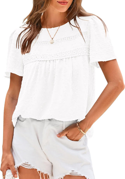 ✨Women's Swiss Dot Lace Crochet Crewneck Boho Short Sleeves