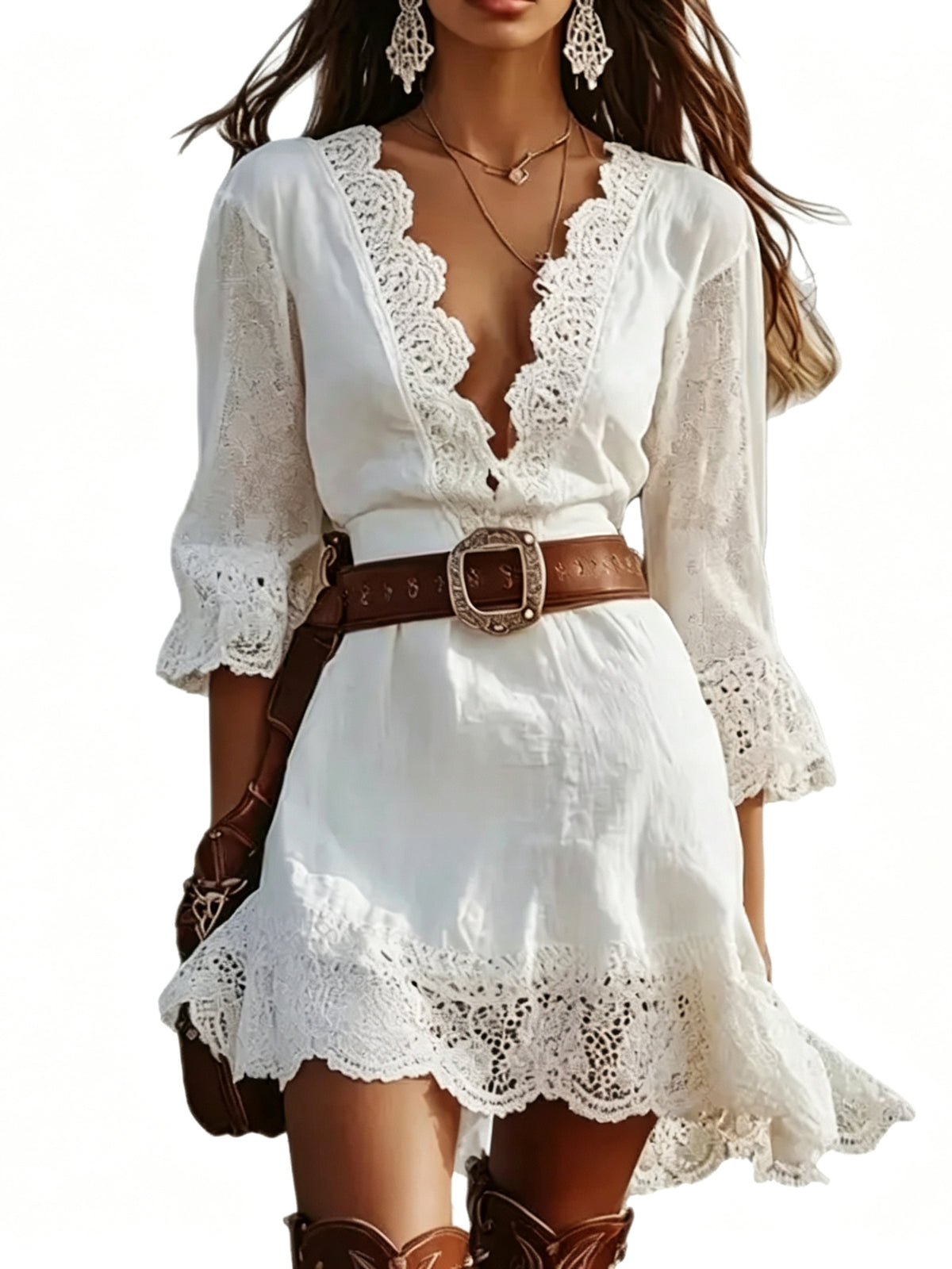 Women Boho V Neck Mini Dress With Lace Trim(without belt)
